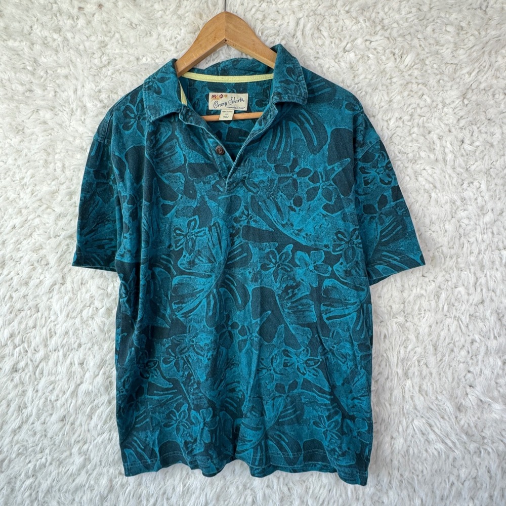 Crazy Shirts Hawaiian Polo M‎ Blue Green Floral Tropical Aloha Coastal Retro